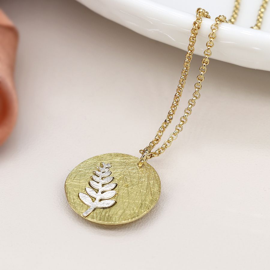 Gold scratched disc necklace with silver plated fern inlay – Kathleen ...